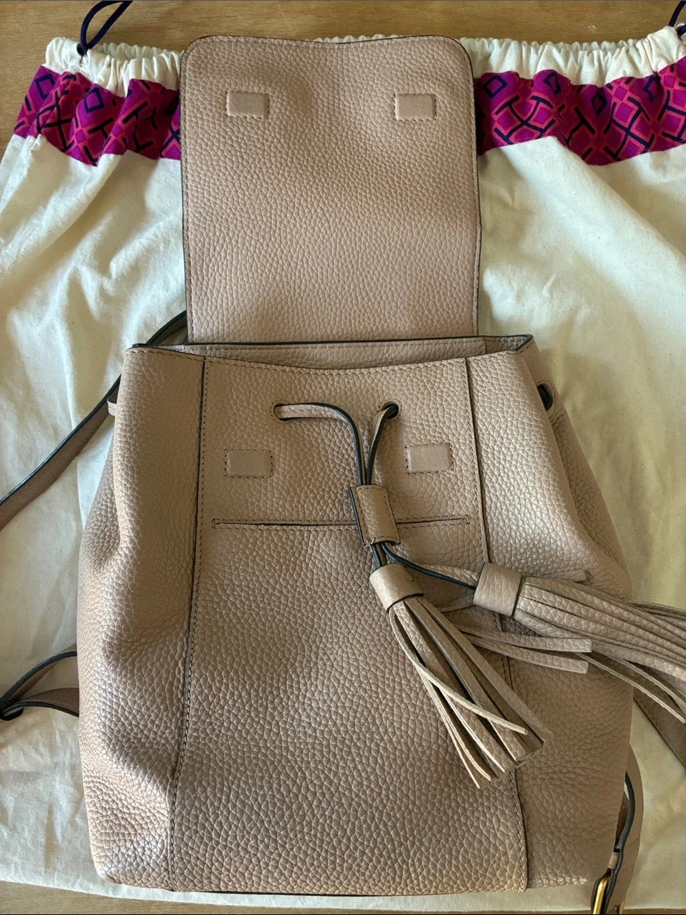 Tory Burch Blush Pink Leather Mini Backpack with Tassels